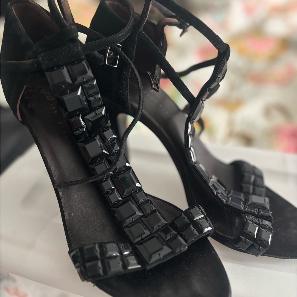 Hugo Boss Black Strappy Heels with Gem Accents